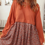 Long Sleeve Patchwork Floral Flared Mini Dress