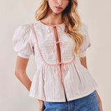 Jacquard Tie Front Peplum Top