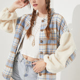 Plaid Jacket w/Teddy Fur Sleeve