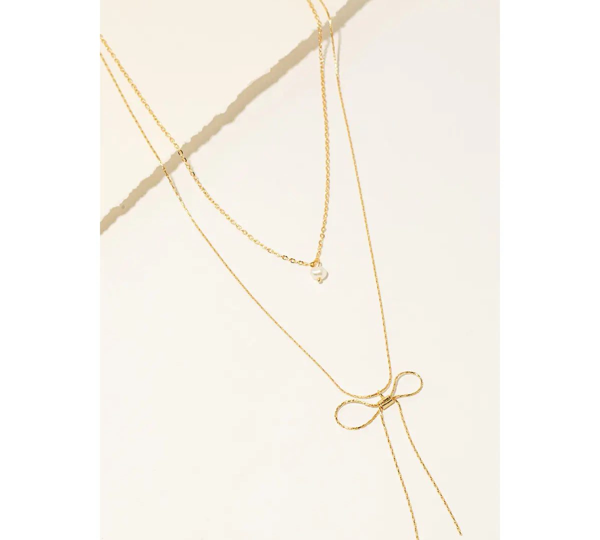 Ribbon and Pearl Charm Layered Chain Necklace