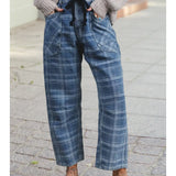 Plaid Print Drawstring Waist Wide Leg Denim Pants