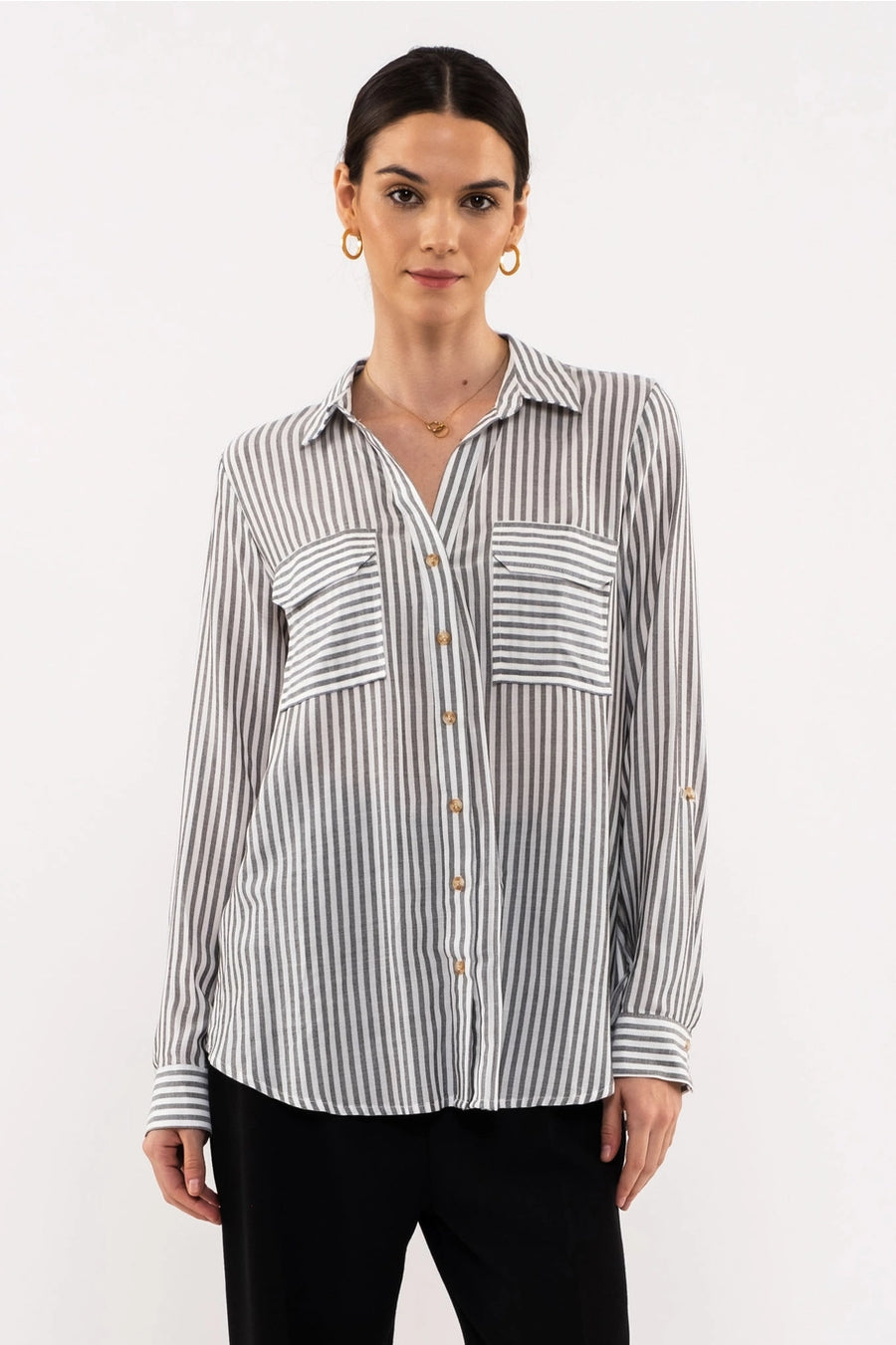 Striped Collared Button Down Top