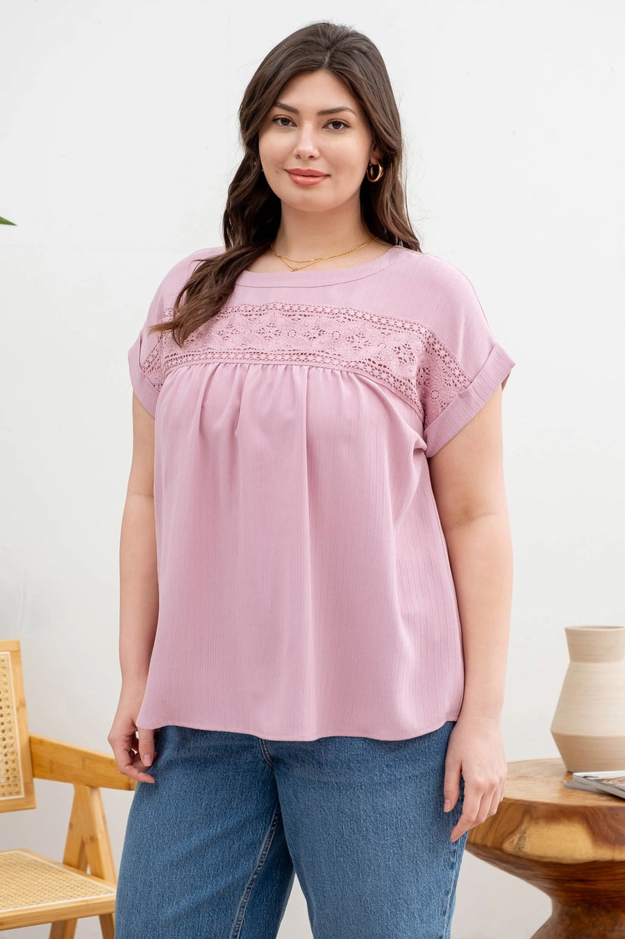 Plus Floral Eyelet Lace Trim Top