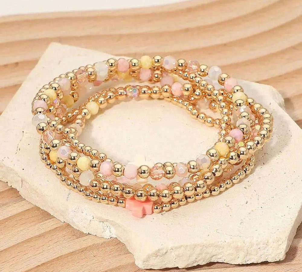 Cross Charm Beaded Stretch Layered Bracelet