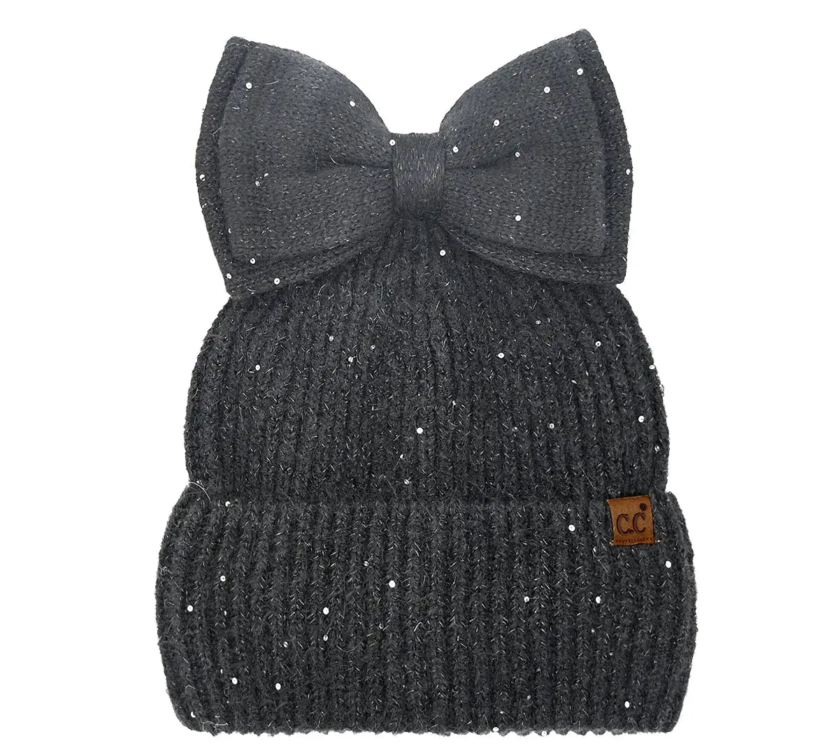 CC Sequin Bow Messy Bun Beanie