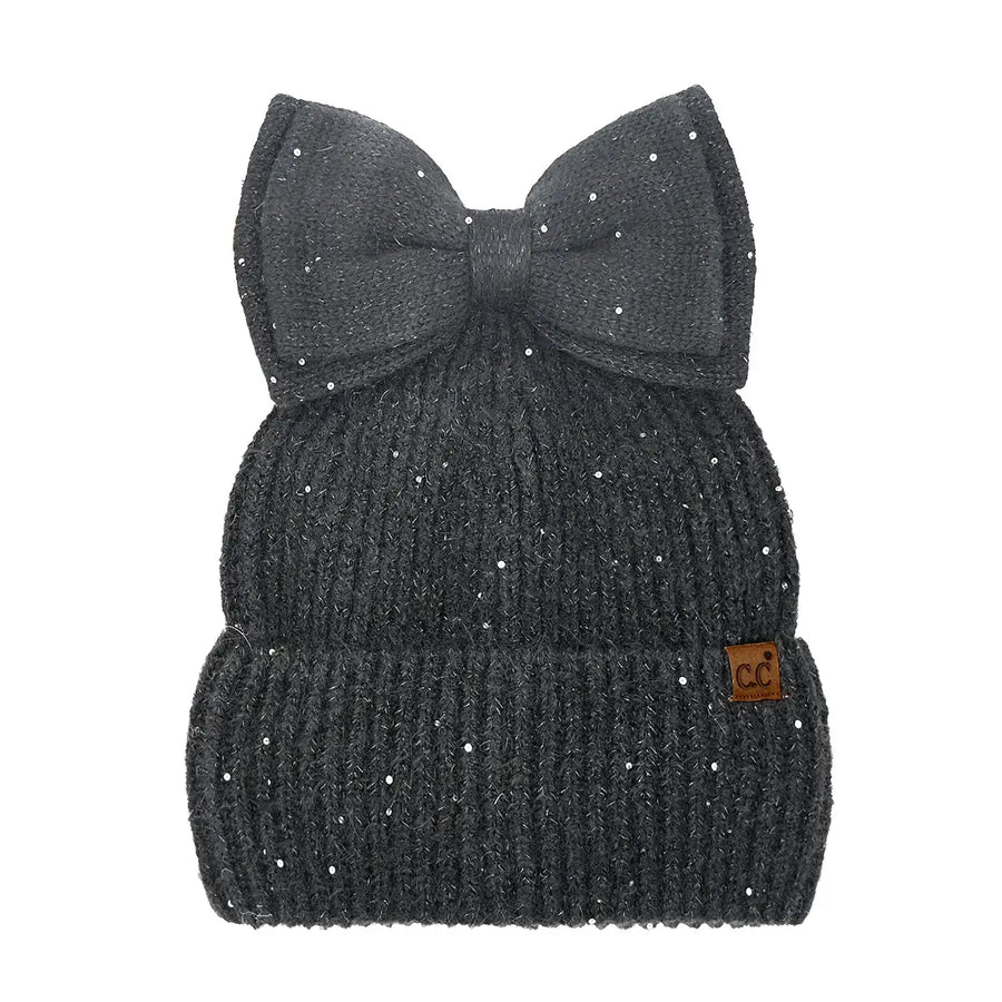 CC Sequin Bow Messy Bun Beanie