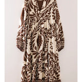 Chocolate Floral Leaf Print Tiered Maxi Dress