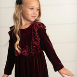 Kids Burgundy Wine Velvet Bow Ruffle Holiday Party Dress