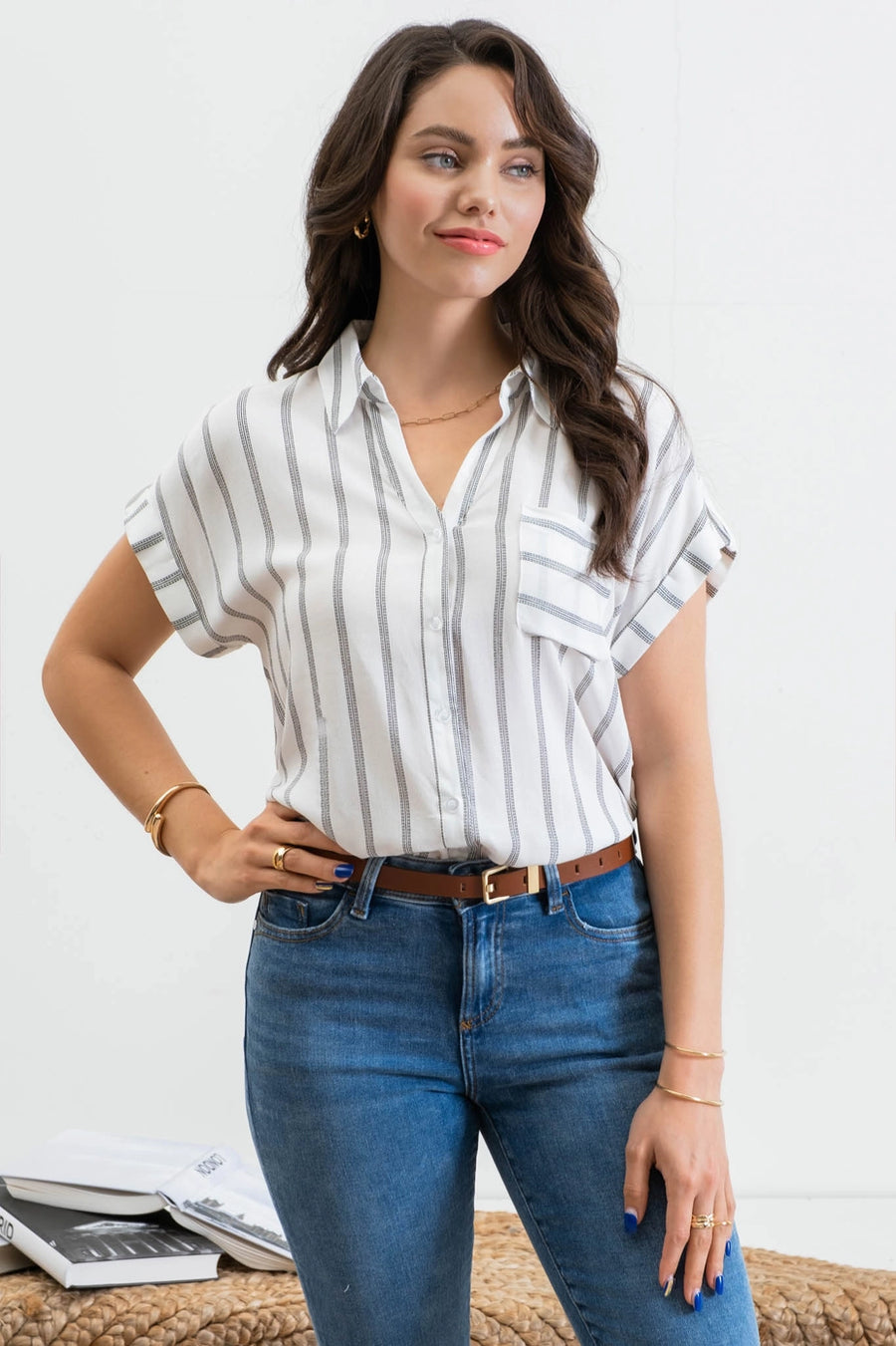 Striped Roll Up Sleeve Top