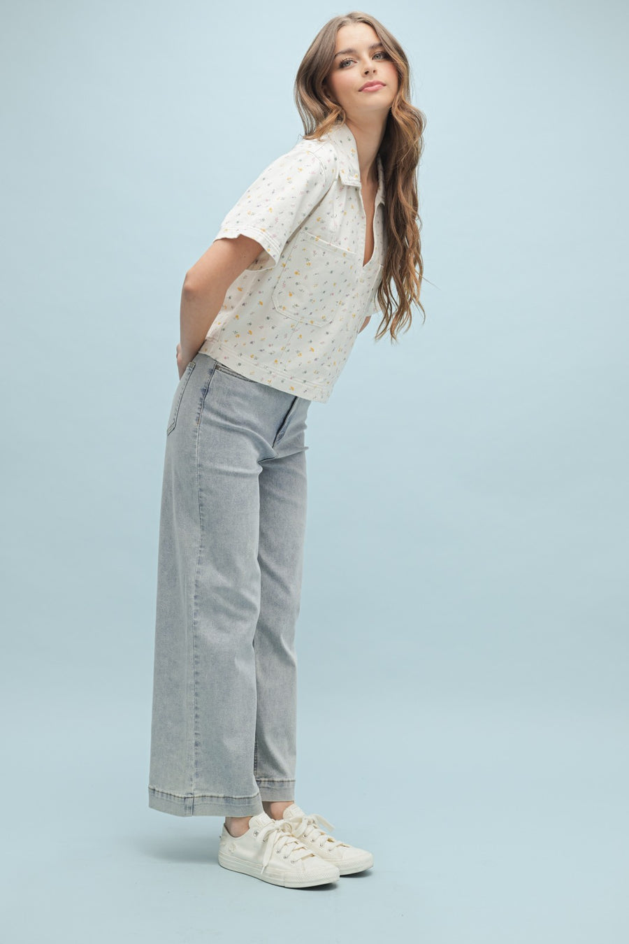 Off White Floral Denim Pullover Top