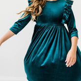 Teal Velvet Ruffle Dress