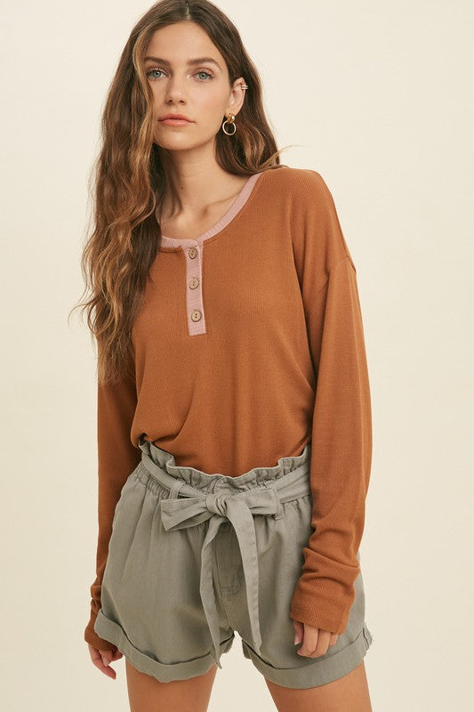 Contrast Neckline Button Up Long Sleeve