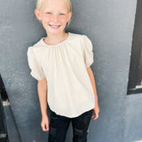 Girls Seersucker Textured Puff Sleeve Top