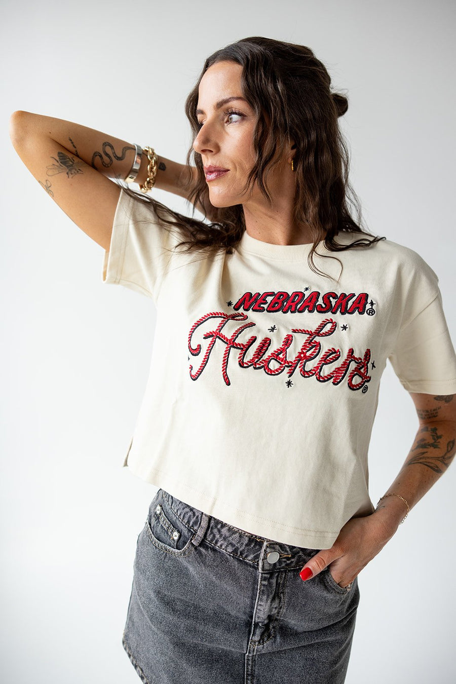 Nebraska Embroidered Laso Luxe Crop Tee