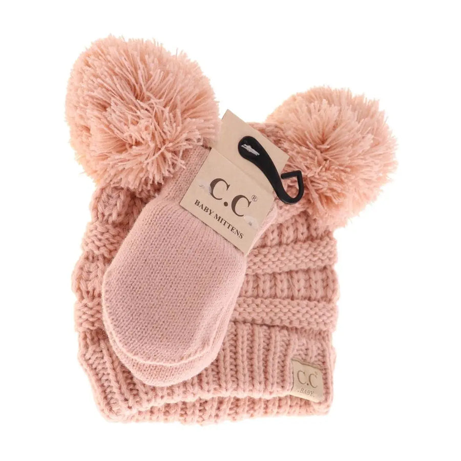 CC Baby Double Pom Solid Knit Beanie & Mitten Set