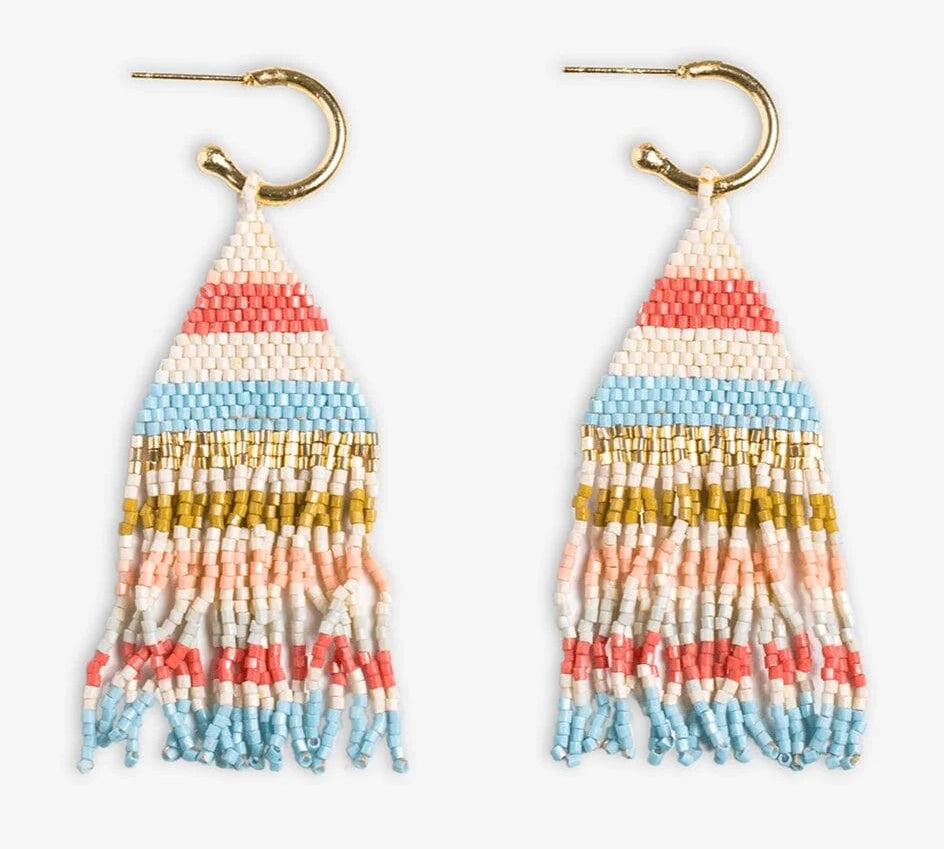 Mini Gold Hoop Horizontal Stripes Beaded Fringe Earrings