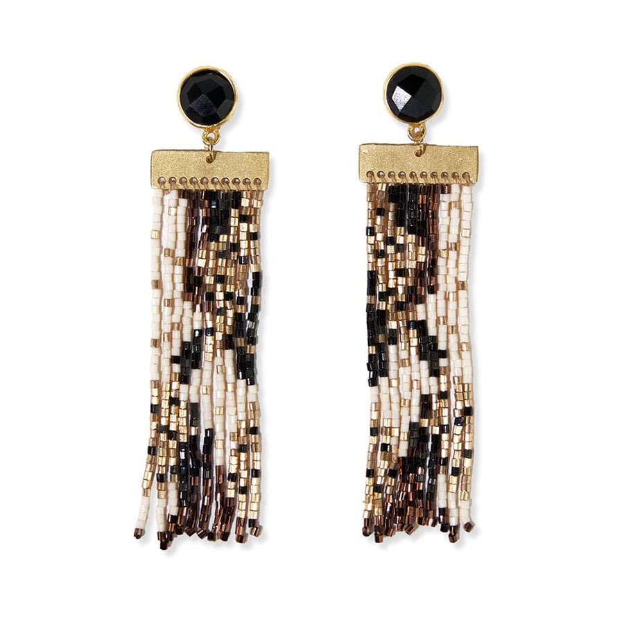 Lilah Semi Precious Stone Post w/ Organic Shapes Beaded Fringe Earrings B/W