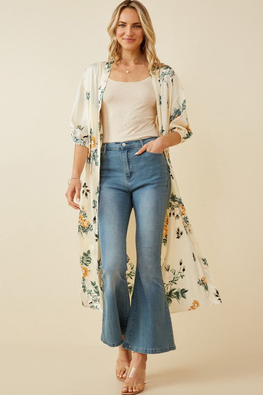 Satin Floral Open Duster Cardigan