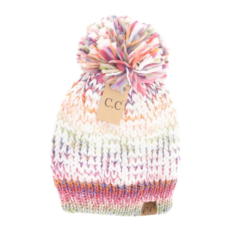 CC Fuzzy Lined Multi Color Pom Beanie