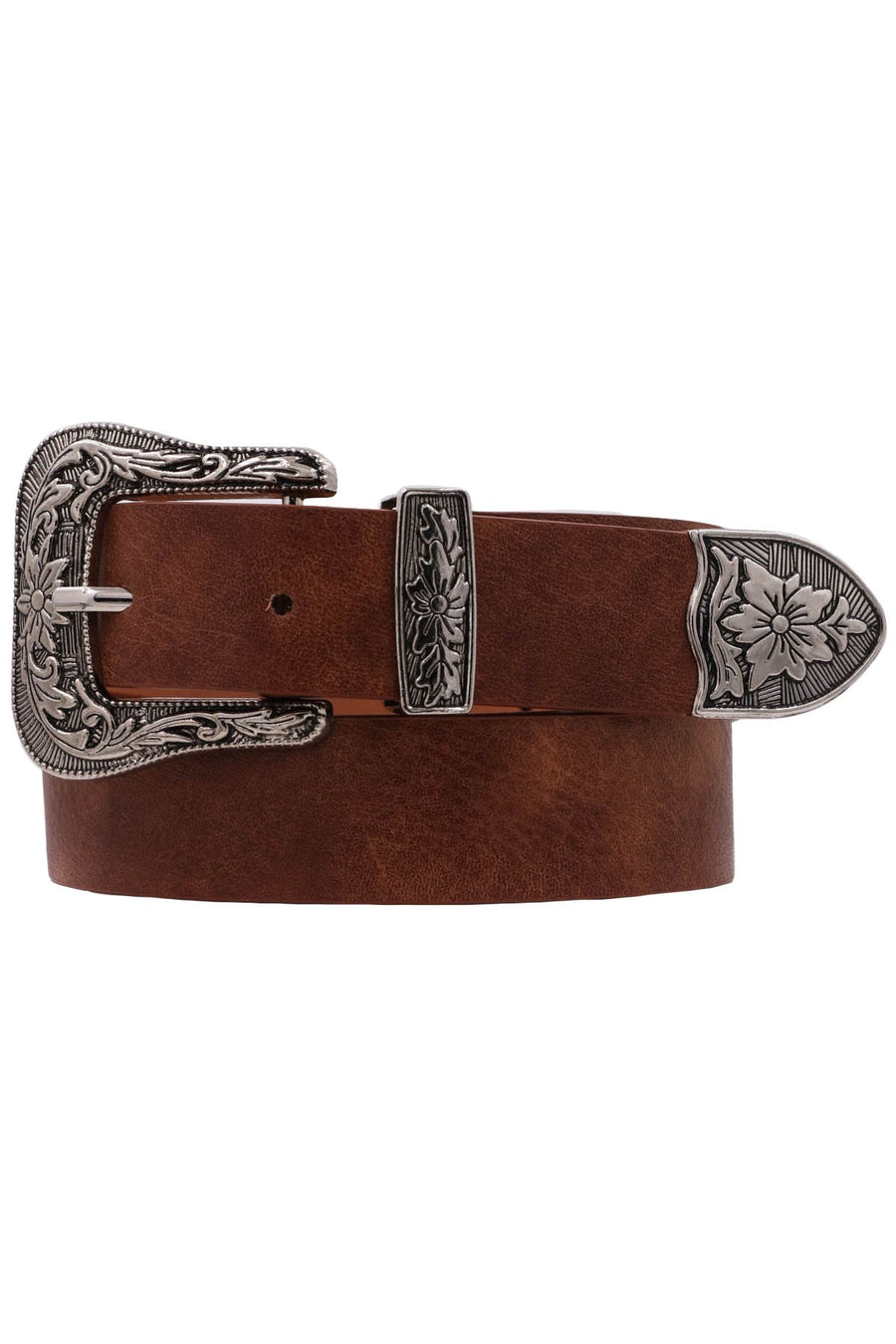 Floral Embossed Buckle Western Belt