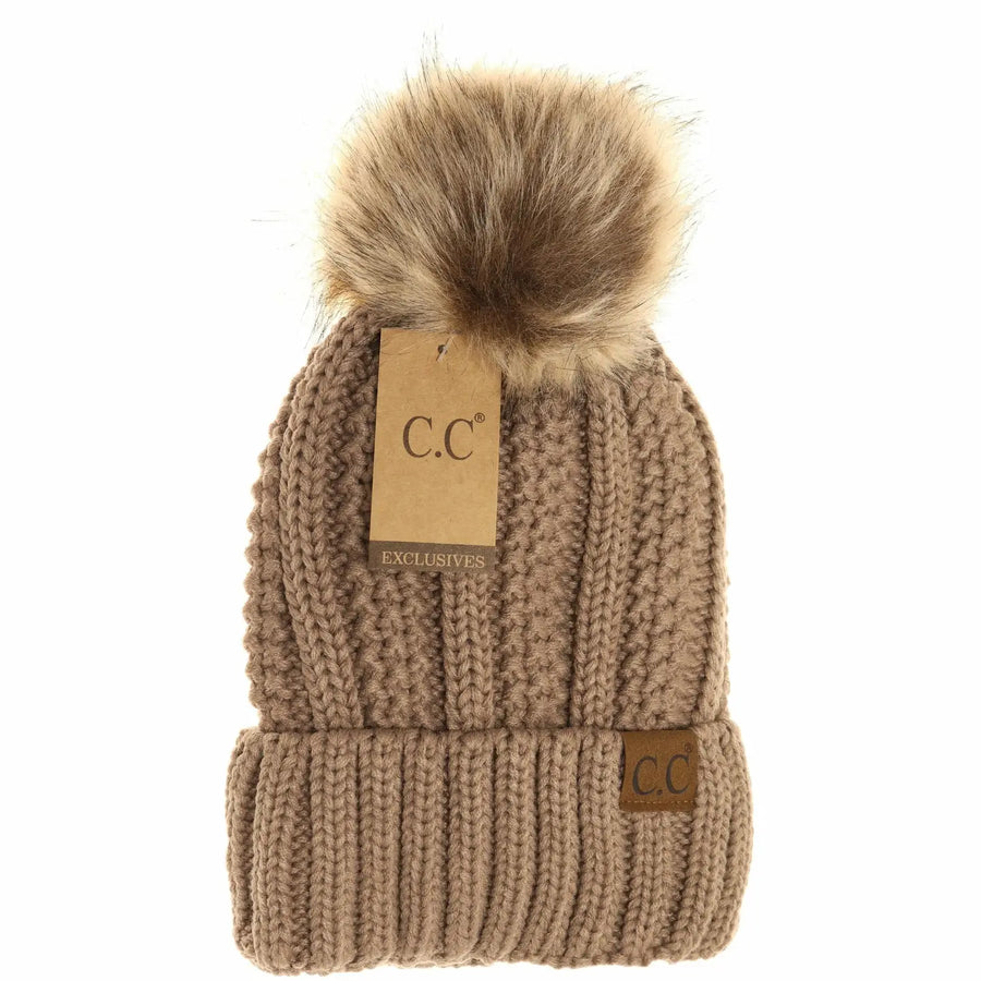 CC Fuzzy Lined Fur Pom Beanie