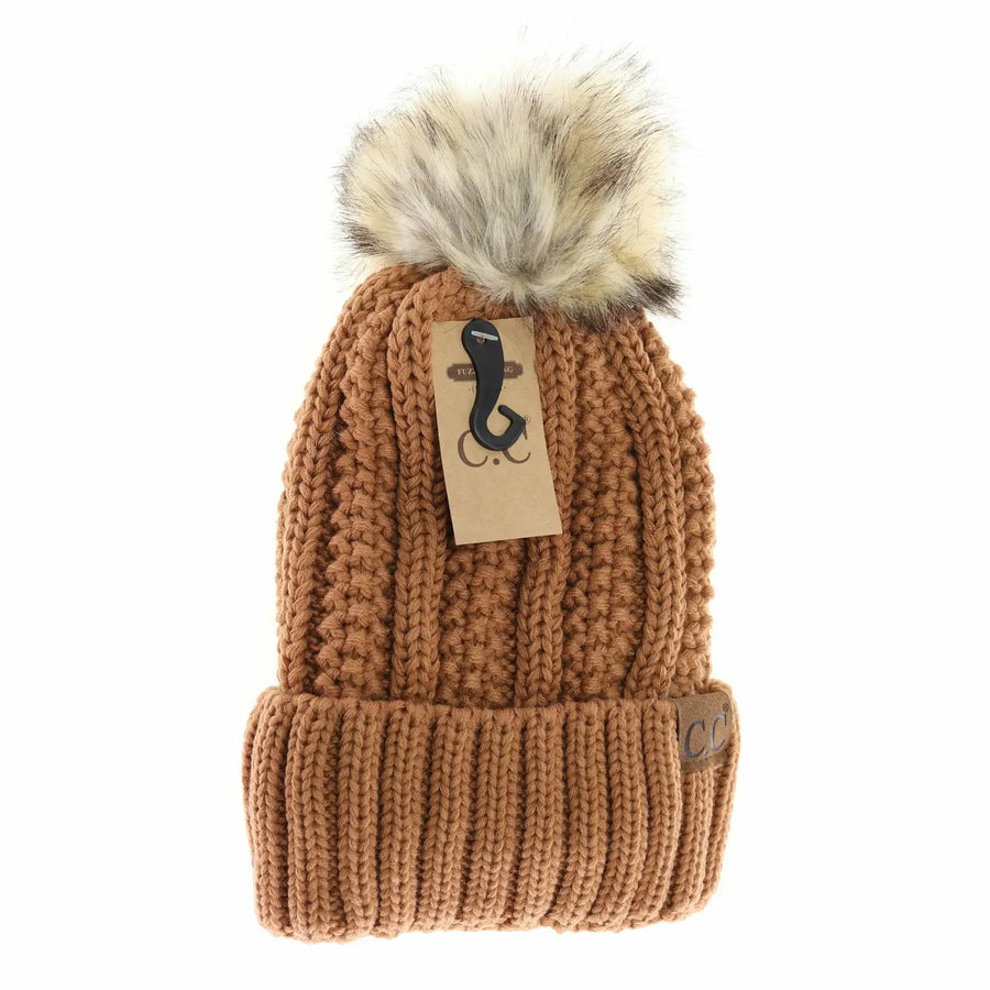 CC Fuzzy Lined Fur Pom Beanie