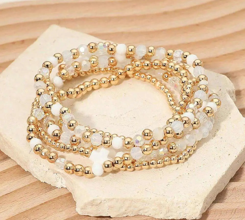 Cross Charm Beaded Stretch Layered Bracelet
