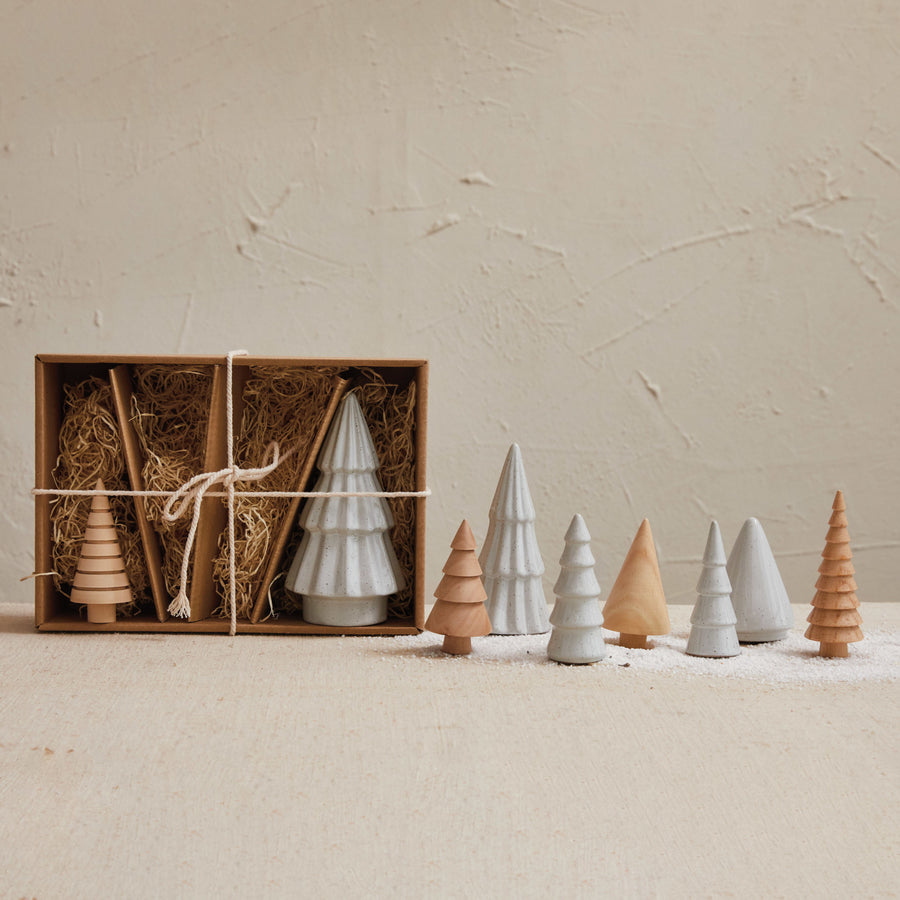 Natural Stoneware/Wood Christmas Trees Box Set of 9