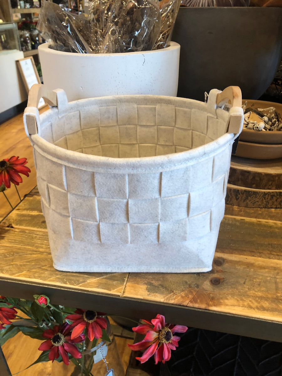 Round Woven Cream Felt Nesting Basket w/ Wood Handle