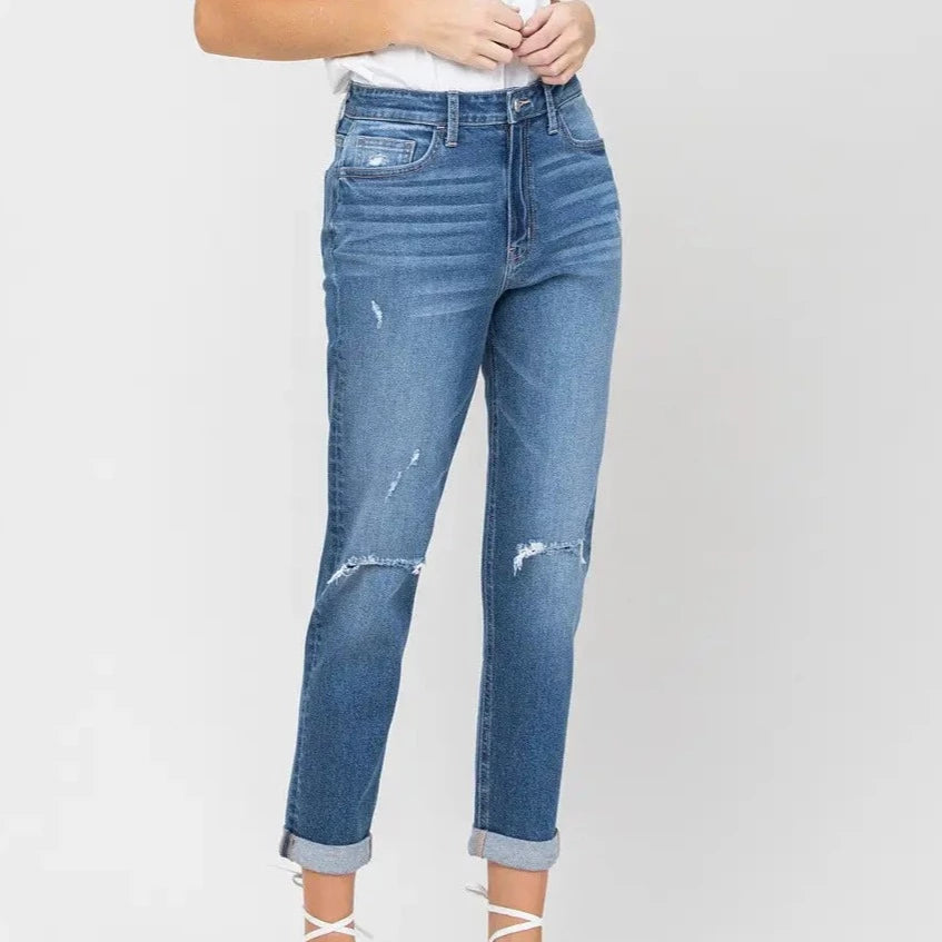 Candy Distressed Cuffed Vervet Mom Jeans