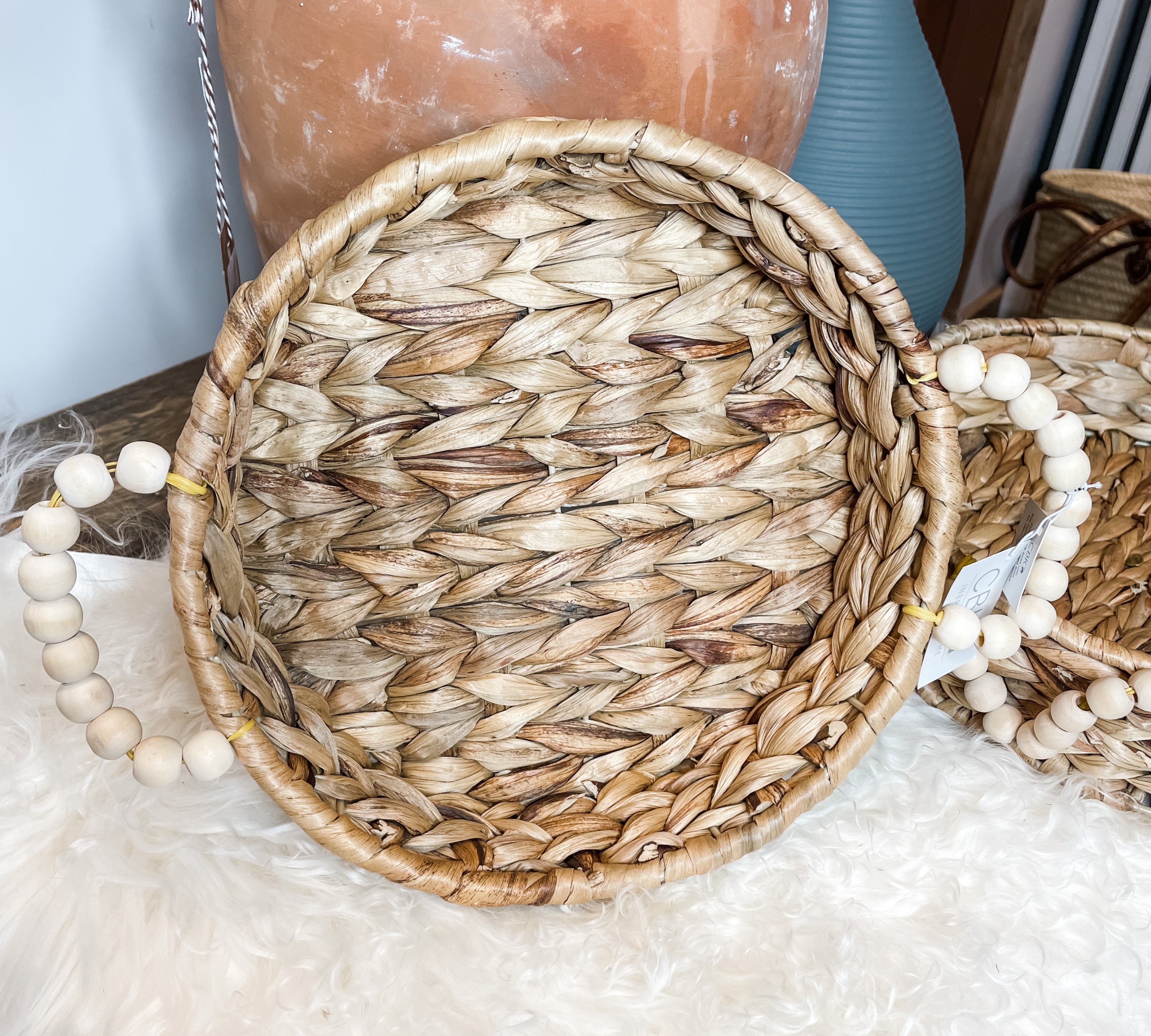 Woven Round Basket w/ Wood Bead Handle