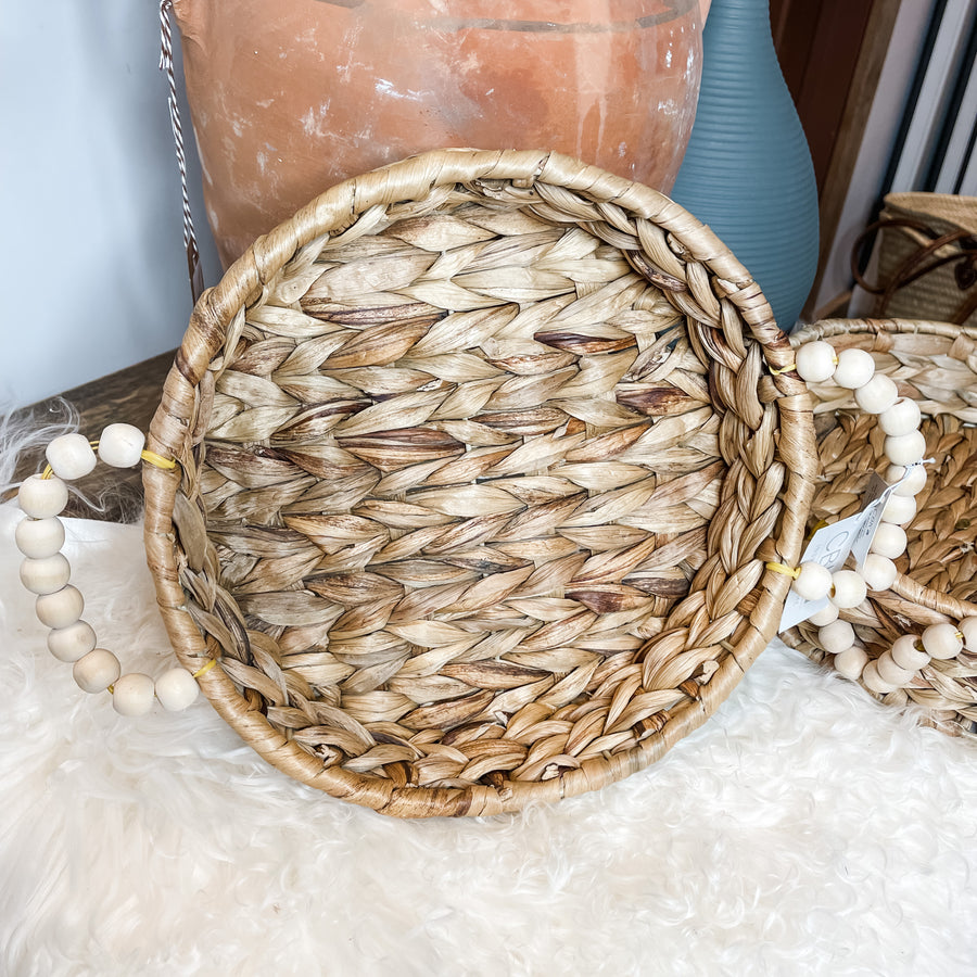 Woven Round Basket w/ Wood Bead Handle
