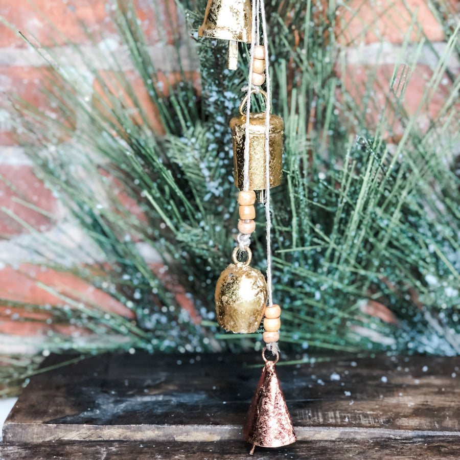 Copper & Gold Bell Cluster w/ Wood Beads 11”