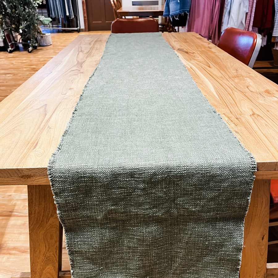 Green Linen Blend Table Runner w/ Fray Edges 108x14