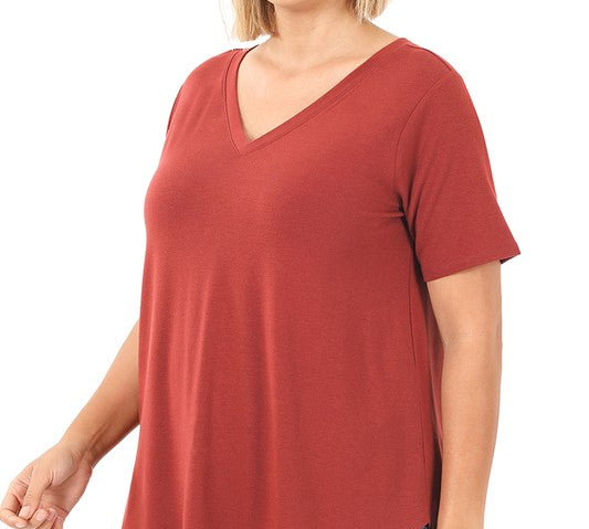 Plus V-Neck Round Hem Top