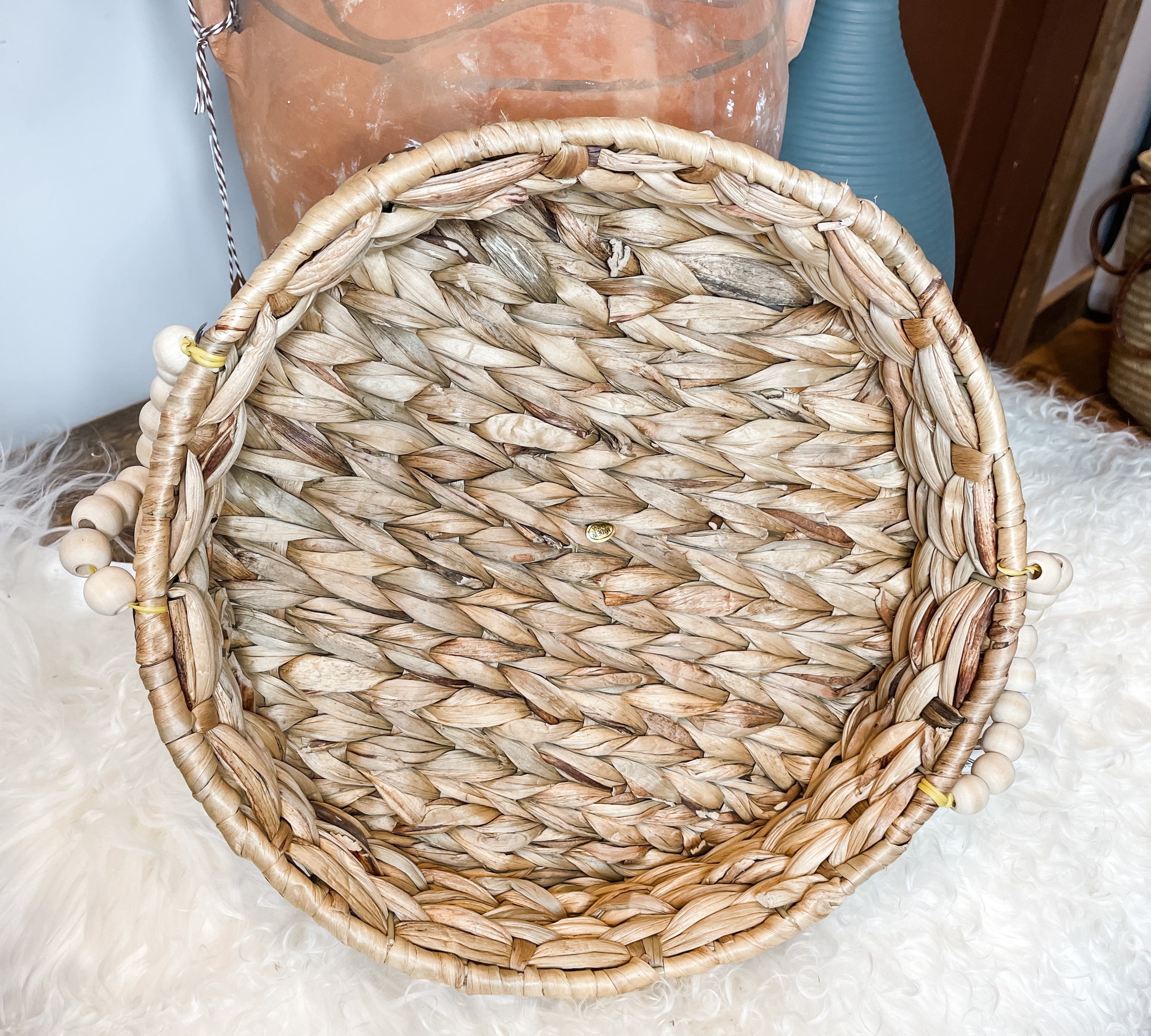 Woven Round Basket w/ Wood Bead Handle