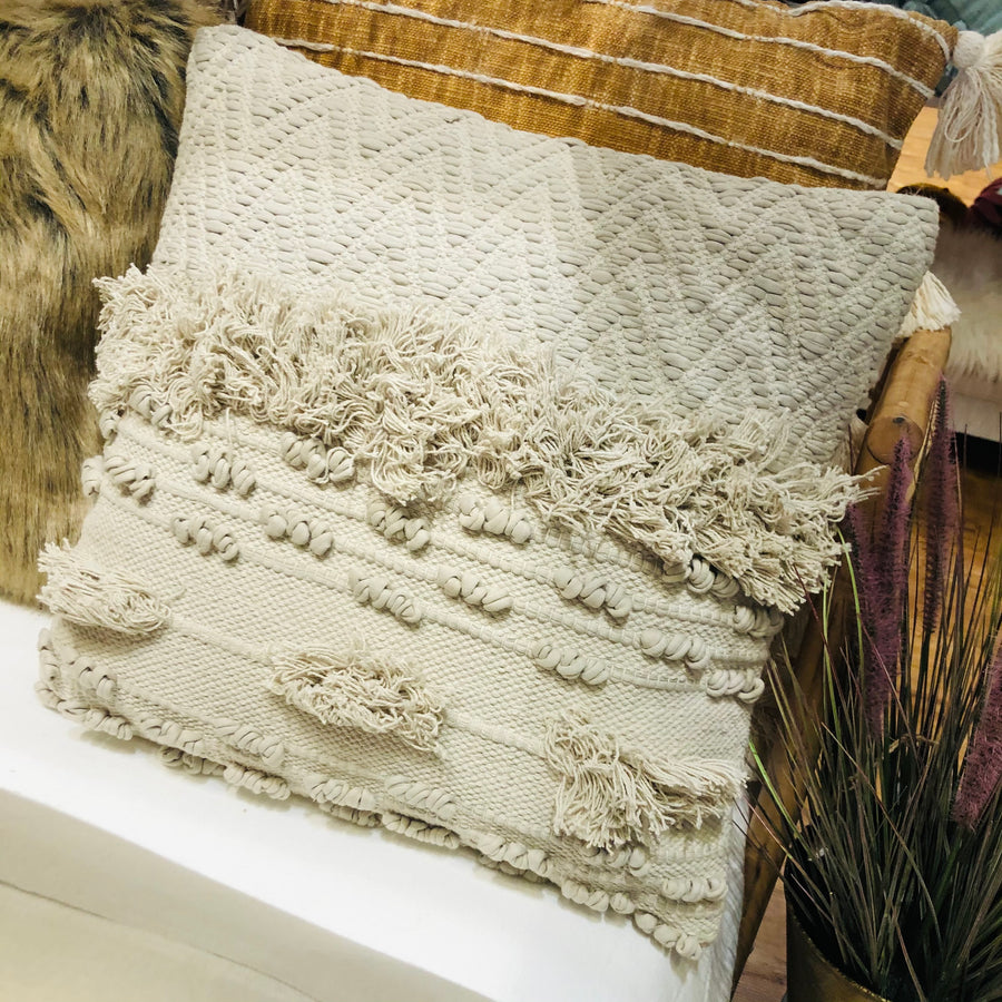 Cream Cotton Textured Pillow w/ Fringe 20”