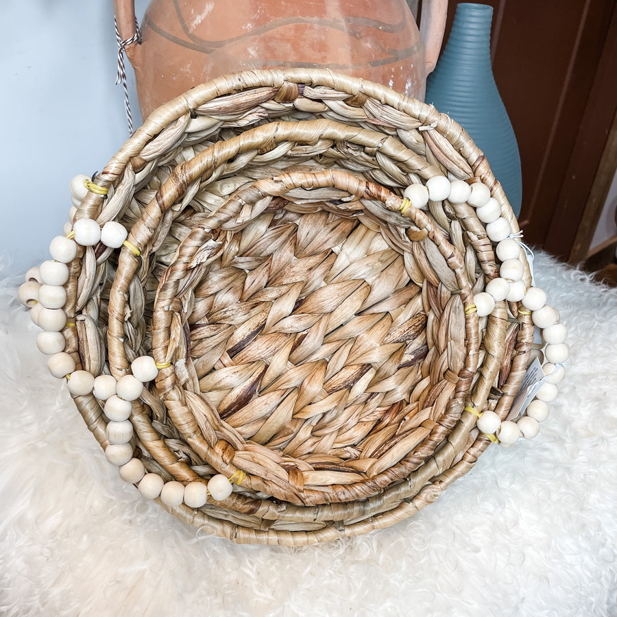 Woven Round Basket w/ Wood Bead Handle