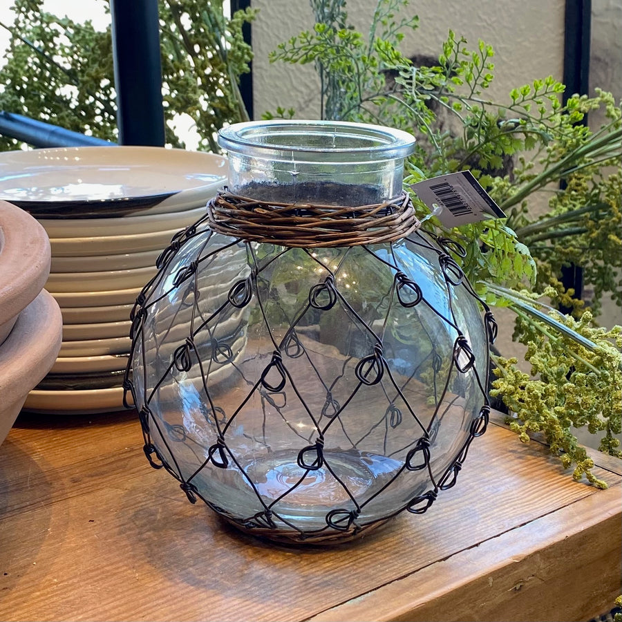 Round Glass Vase W Wire Detail