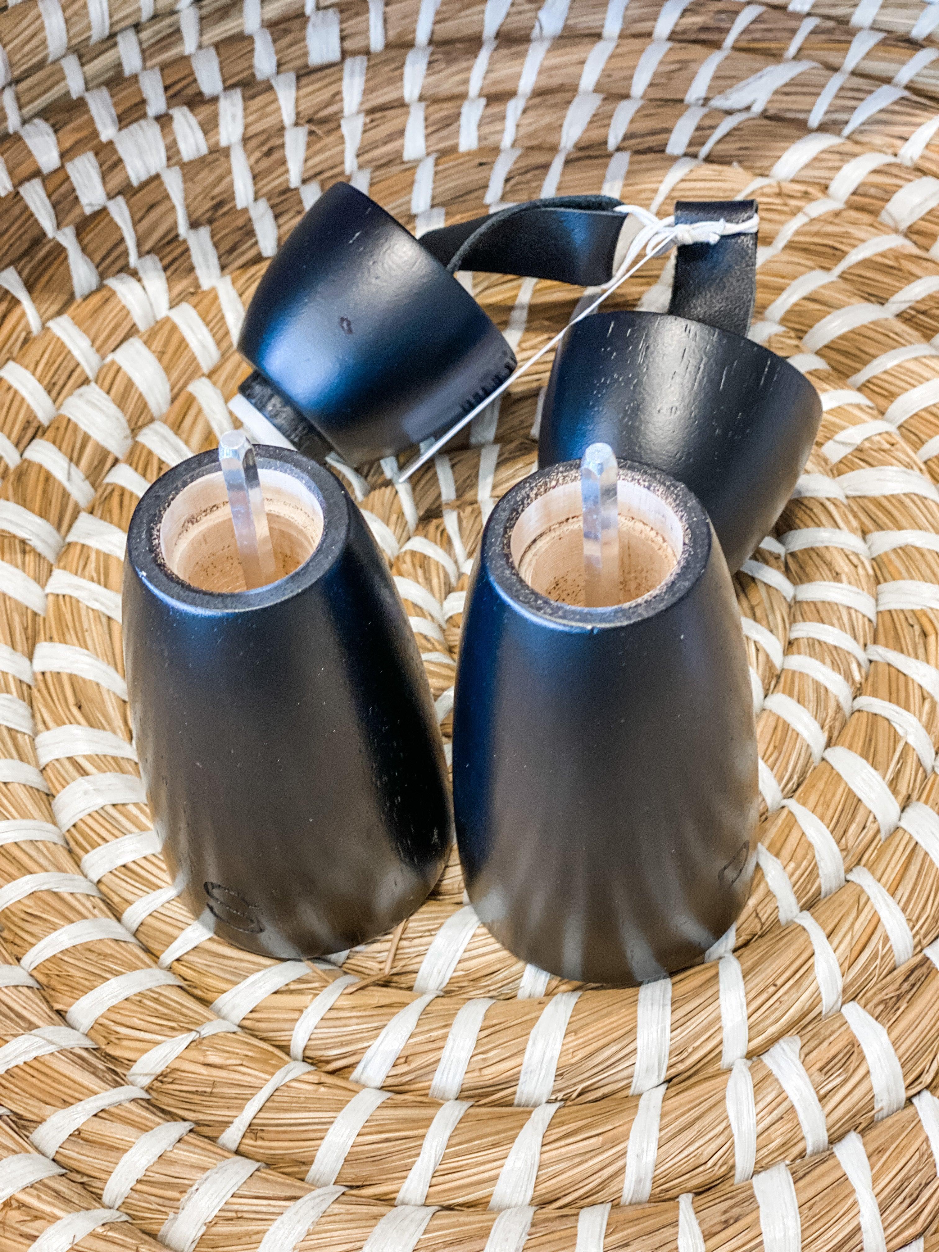 Black Rubber Wood Salt& Pepper Shakers w/ Leather handle - MarketPlaceManning