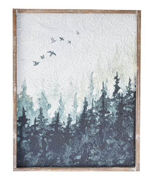 Framed Watercolor Forest w/ Birds 15.25x19.5
