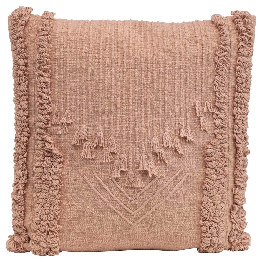 Pink Embroidered Pillow w/ Applique & Fringe 22"