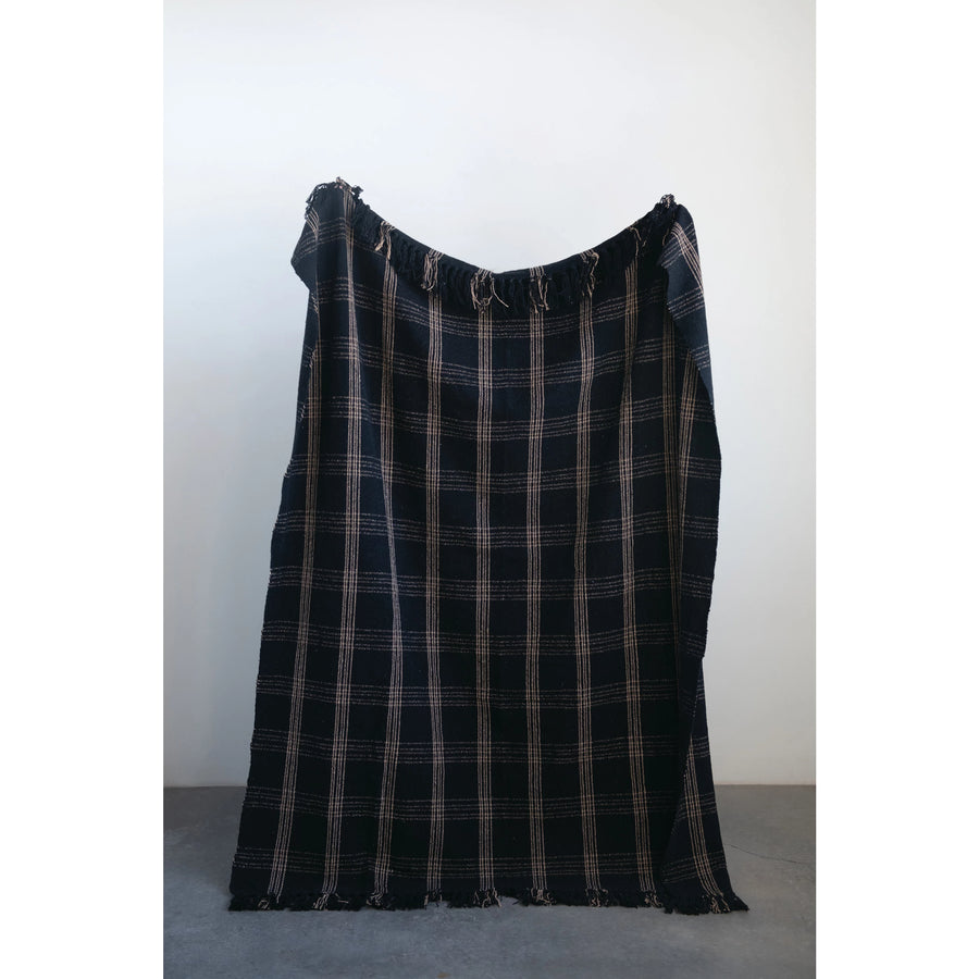 Black & Natural Woven Cotton Blend Throw w/ Fringe 60x50