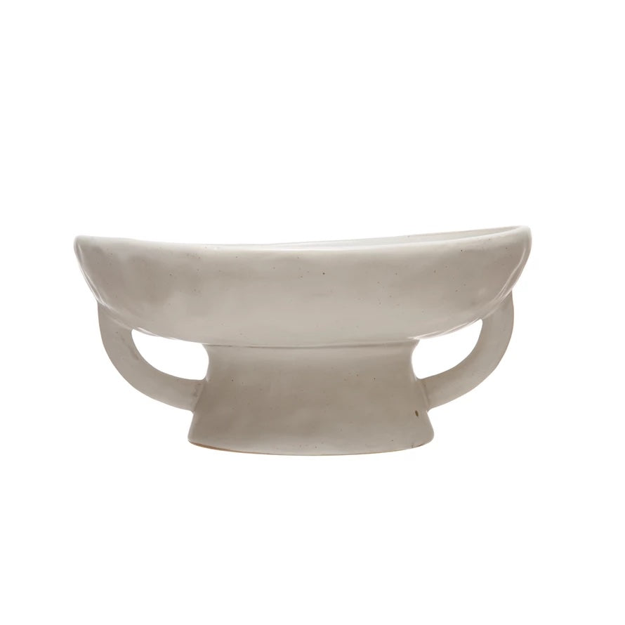 White Reactive Glaze Stoneware Footed Pedestal Bowl 8x7.75x6.5"
