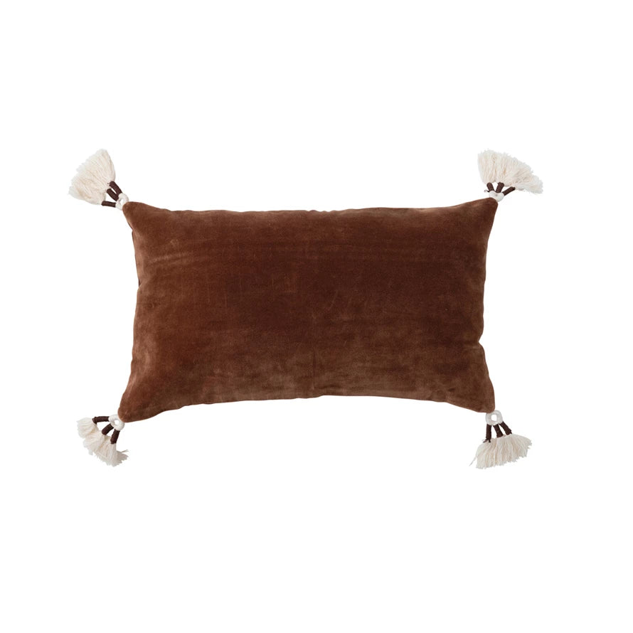 Brown Velvet Lumbar Pillow w/ Cream Tassels 20x12"