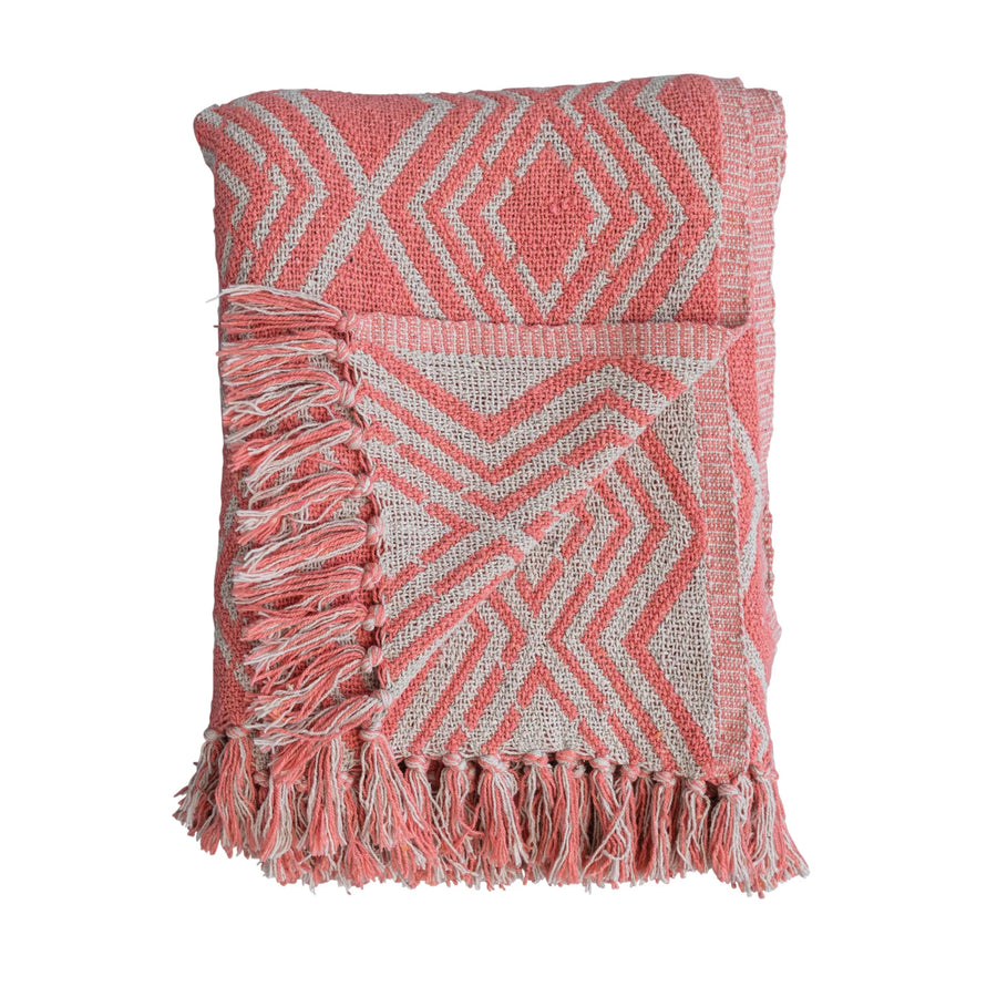 Coral & Natural Geometric Pattern & Fringe Throw 60x50"