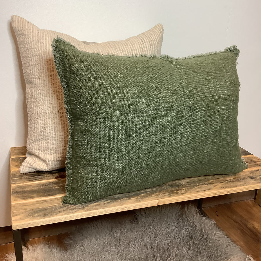 Green Linen Pillow w/ Frayed Edges 24x16”