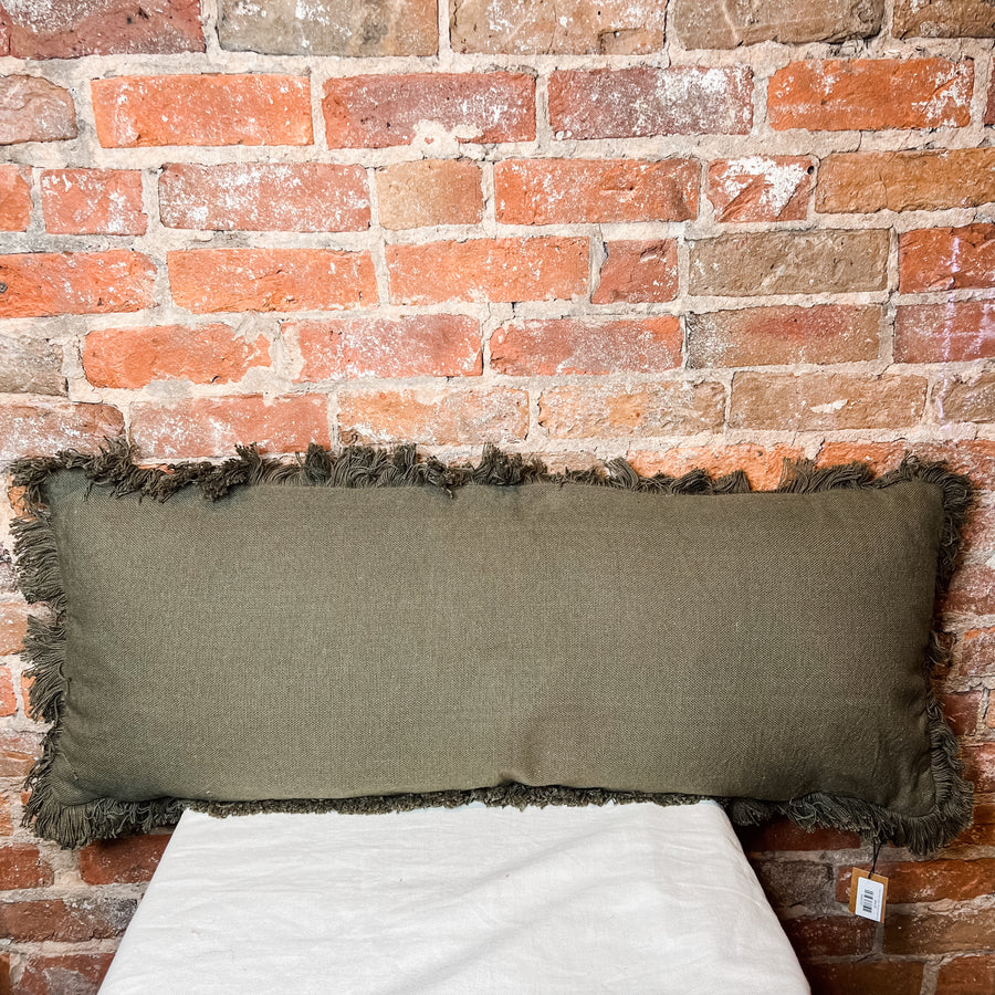 Olive Cotton Lumbar Pillow w/ Eyelash Fringe 36x14