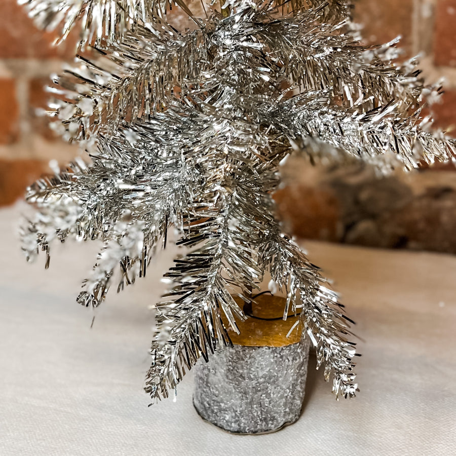 Silver/Gold Tinsel Tree w/Wood Slice Base