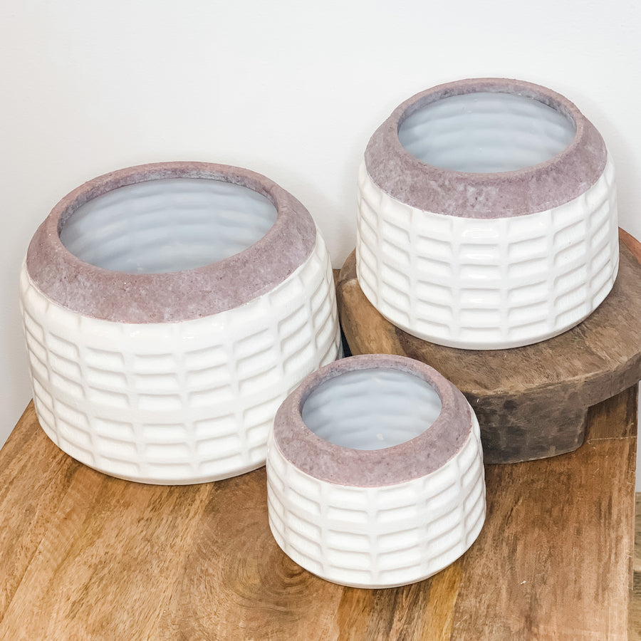 White Glazed Stoneware Pots w/ Unglazed Rim